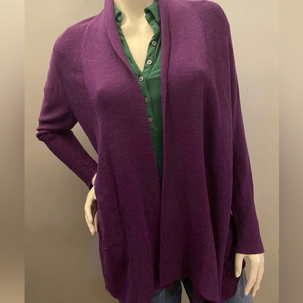 Eileen Fisher 100% Merino Wool Open Cardigan Purple LP